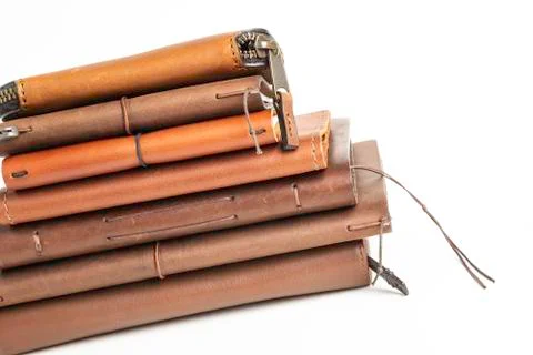 A Stack Of Leather-Bound Journals, Notebooks, Wallets &amp; Cases Stock Photos