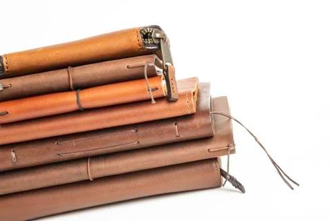 A Stack Of Leather-Bound Journals, Notebooks, Wallets &amp; Cases Stock Photos