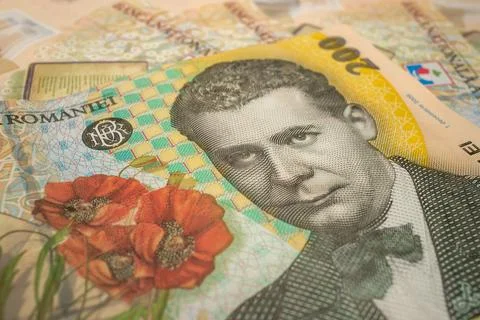 Stack of LEI Romanian money. RON Leu Money European Currency (200 lei bankn.. Stock Photos