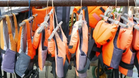 Stack of life jacket in a boat Video stock 222413716