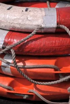 Stack of lifebuoys 스톡 사진