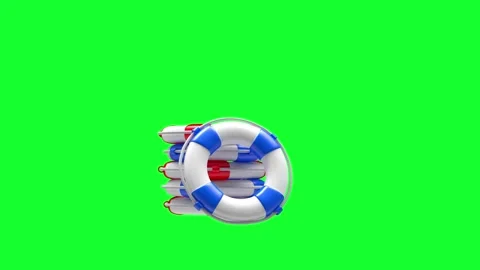 Stack of lifebuoys spinning on green screen, 3D animation. Видео 336567041