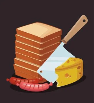Stack of loaves with piece of cheese and sausages Stockillustratie