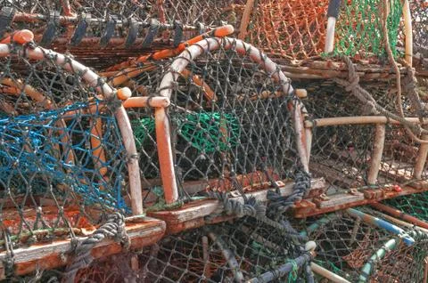Stack of lobster crab pots traps Stock Photos