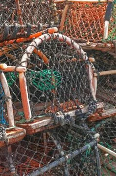 Stack of lobster crab pots traps Stock Photos