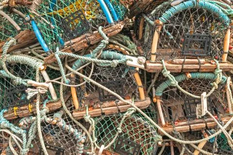Stack of lobster crab pots traps Stock Photos