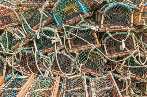 Stack of lobster crab pots traps Stock Photos