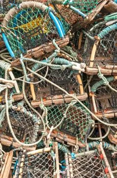 Stack of lobster crab pots traps Stock Photos