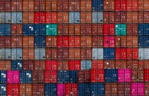 Stack of logistics container. Cargo and shipping business. Container ship for 库存照片