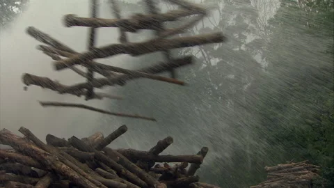 Stack of logs removed out of log jam, 1800s - Reenactment Stock Footage 202535805