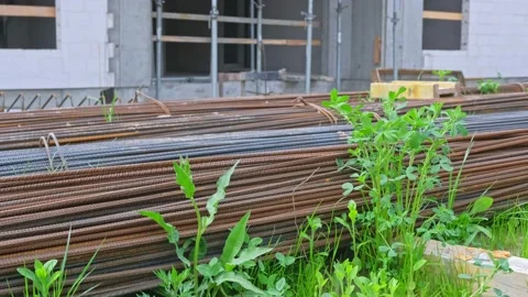 Stack of Long Iron Steel Metal Rebar Reinforcement Rods Stored Outdoors Stock Footage 210192281