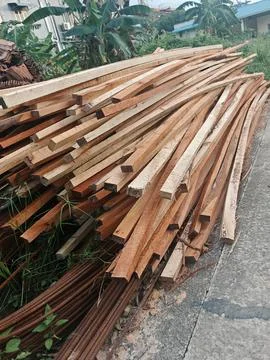 Stack of Long Wooden Planks at a Construction Site Stock Photos