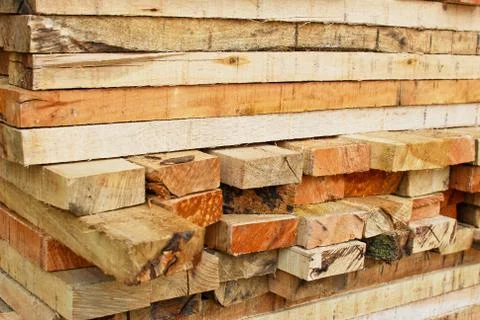 Stack of lumber in logs storage closeup 스톡 사진