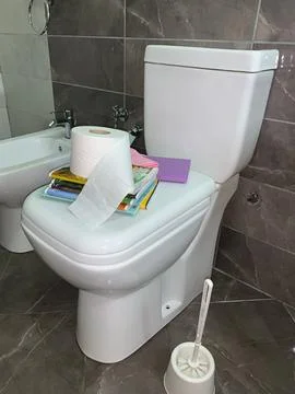 Stack of magazines, notebooks, and roll of toilet paper are placed on top wc Stock Photos