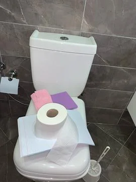 Stack of magazines, notebooks, and roll of toilet paper are placed on top wc Stock Photos