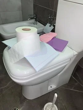 Stack of magazines, notebooks, and roll of toilet paper are placed on top wc Stock Photos