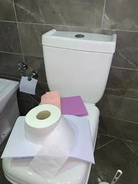 Stack of magazines, notebooks, and roll of toilet paper are placed on top wc Stock Photos