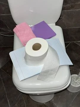 Stack of magazines, notebooks, and roll of toilet paper are placed on top wc Stock Photos