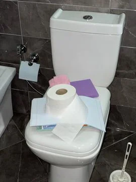 Stack of magazines, notebooks, and roll of toilet paper are placed on top wc Stock Photos