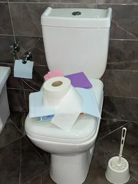 Stack of magazines, notebooks, and roll of toilet paper are placed on top wc Stock Photos