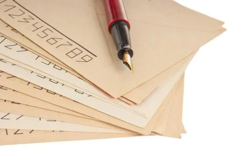 Stack of mail envelopes and a pen Stock Photos