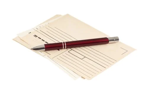 Stack of mail envelopes and a pen Stock Photos