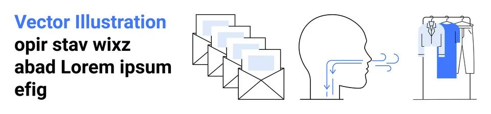 Stack of mail envelopes, head profile with airflow lines, and clothes rack wi Stock Illustration