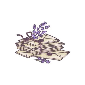 Stack of mail envelopes with lavender flowers, vector illustration isolated. Stock Illustration