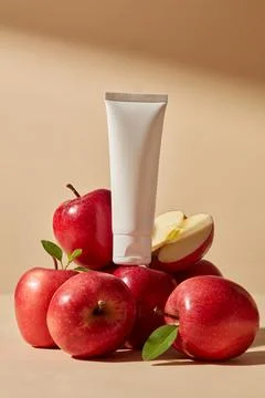 A stack of many apples with unlabeled white tube place on top. Container pack 스톡 사진