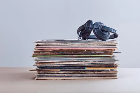 Stack of many black vinyl records Stock Photos