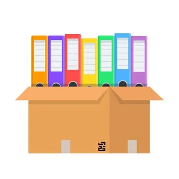 Stack of many color document folders and cardboard box for design on white, s Stock Illustration