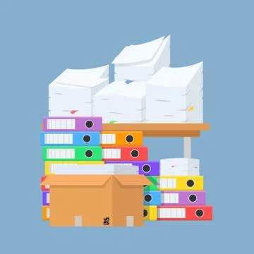 Stack of many color document folders, paper and cardboard box on office table Stock Illustration