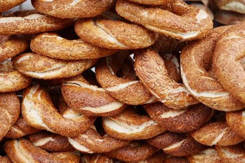 Stack of many Turkish Bagel Simit Stock Photos