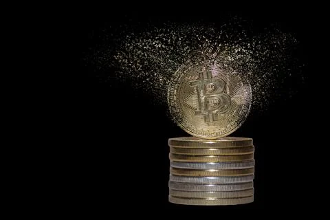 Stack of many valueable decomposes and dissolves bitcoin from crypto currency Stock Photos