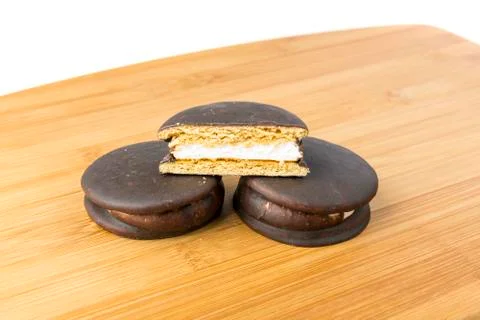 Stack of marshmallow chocolate covered sandwich cookies Stock Photos