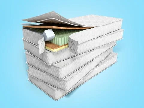 Stack of mattresses 3d render on blue background Stock Illustration