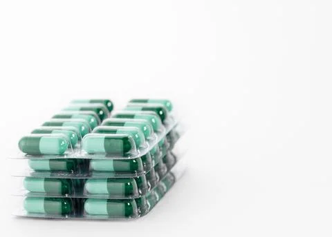 Stack of medical pills in plastic package. Concept of healthcare and medicine Stockfoto's