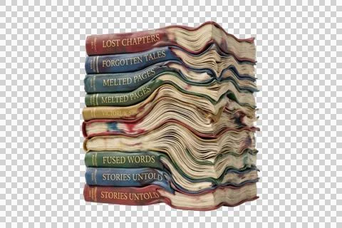 Stack of melting books with titles about stories and forgotten tales. Illustrazione stock