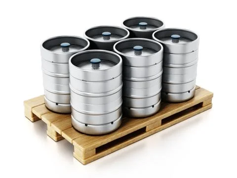 Stack of metal beer kegs standing on wooden pallette. 3D illustration 스톡 일러스트