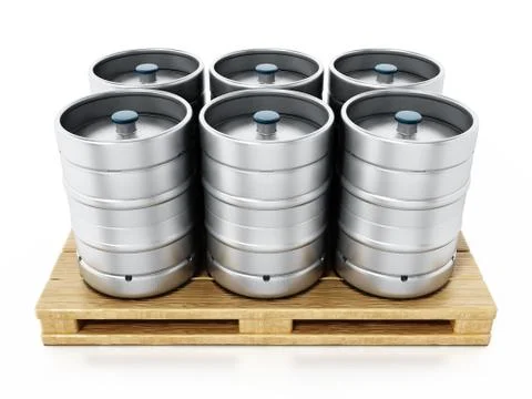 Stack of metal beer kegs standing on wooden pallette. 3D illustration Stock Illustration