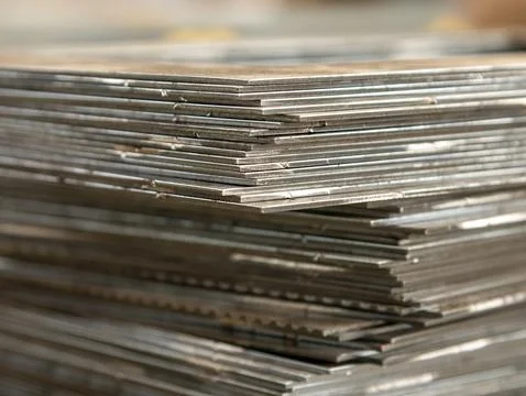 Stack of metal sheets in packs at warehouse of products 스톡 사진