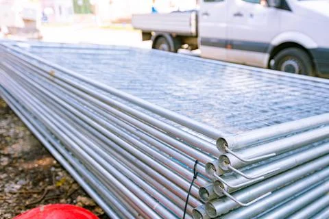 Stack of metal wire fence at the construction site Stock Photos