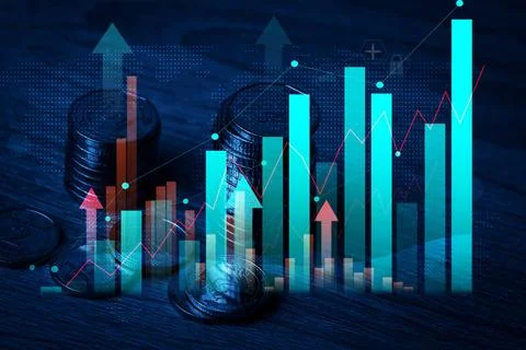 A stack of metallic coins and a chart with growing rates. High income in b... Foto stock