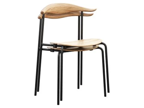 Stack of mid-century metal side chairs with wooden seat. 3d render. Stock Illustration