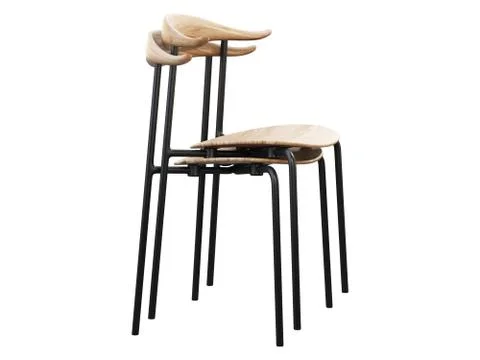 Stack of mid-century metal side chairs with wooden seat. 3d render. Stock Illustration