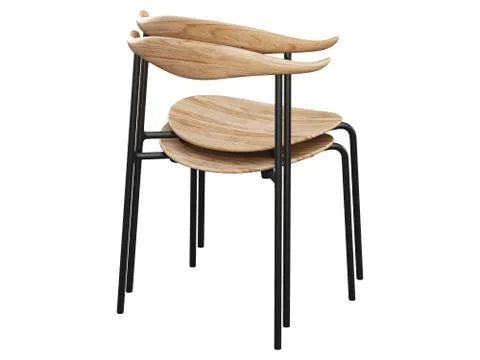 Stack of mid-century metal side chairs with wooden seat. 3d render. Stock Illustration