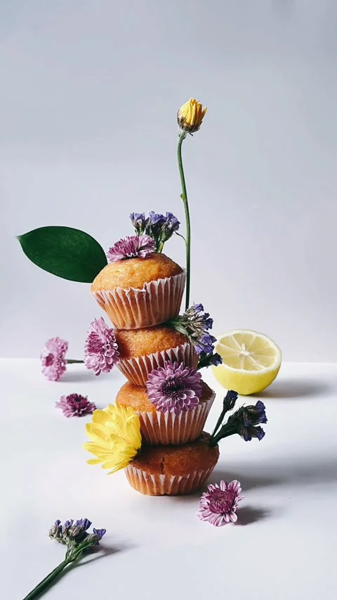 Stack, mini muffins, flowers, white background, bakery, pastry, dessert, Stock Footage 267265964