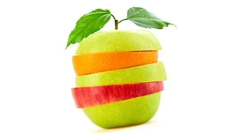 Stack mix apple flying in air cutout minimal. Vegan vitamin composition iso.. 写真素材