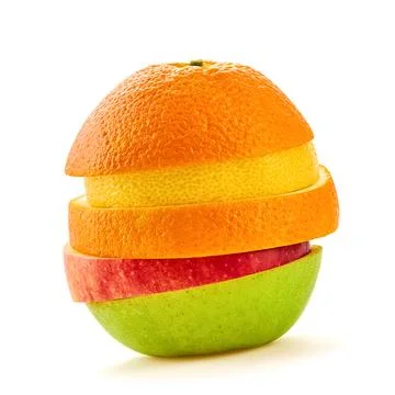 Stack mixed apple flying in air cutout minimal, close up. Vegan vitamin com.. Foto stock