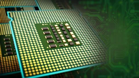 Stack of modern CPUs with copy scape on the right side. 3D illustration St... 스톡 사진